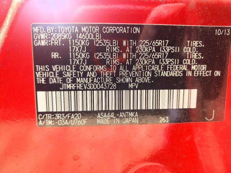 56268776 :رقم المزاد ، JTMRFREV3DD043728 vin ، 2013 Toyota Rav4 مزاد بيع