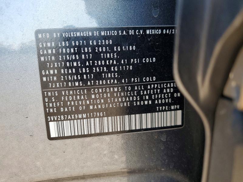 2021 Volkswagen Tiguan მანქანა იყიდება აუქციონზე, vin: 3VV2B7AX9MM117961, აუქციონის ნომერი: 55554776