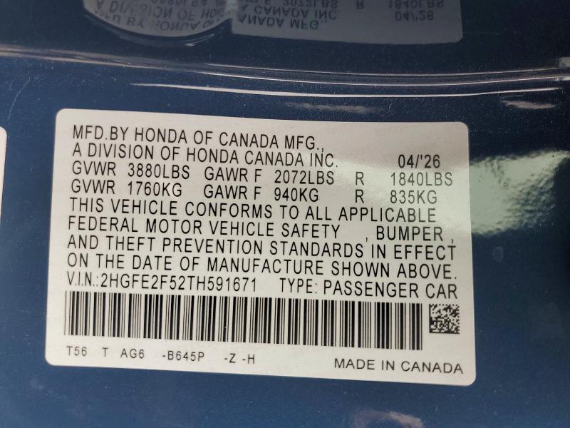 Продажа на аукционе авто 2026 Honda Civic, vin: 2HGFE2F52TH591671, номер лота: 56820986