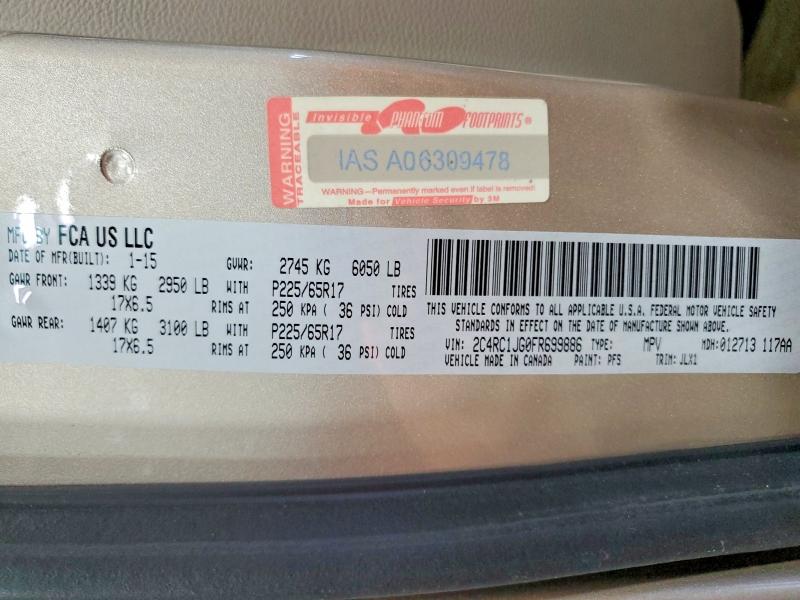 2015 Chrysler Town & Country მანქანა იყიდება აუქციონზე, vin: 2C4RC1JG0FR699886, აუქციონის ნომერი: 58997486