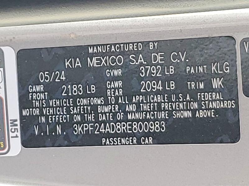 58694656 :رقم المزاد ، 3KPF24AD8RE800983 vin ، 2024 Kia Forte مزاد بيع