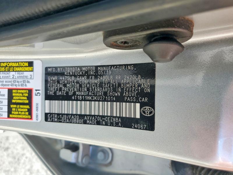 2019 Toyota Camry მანქანა იყიდება აუქციონზე, vin: 4T1B11HK3KU271014, აუქციონის ნომერი: 55786736