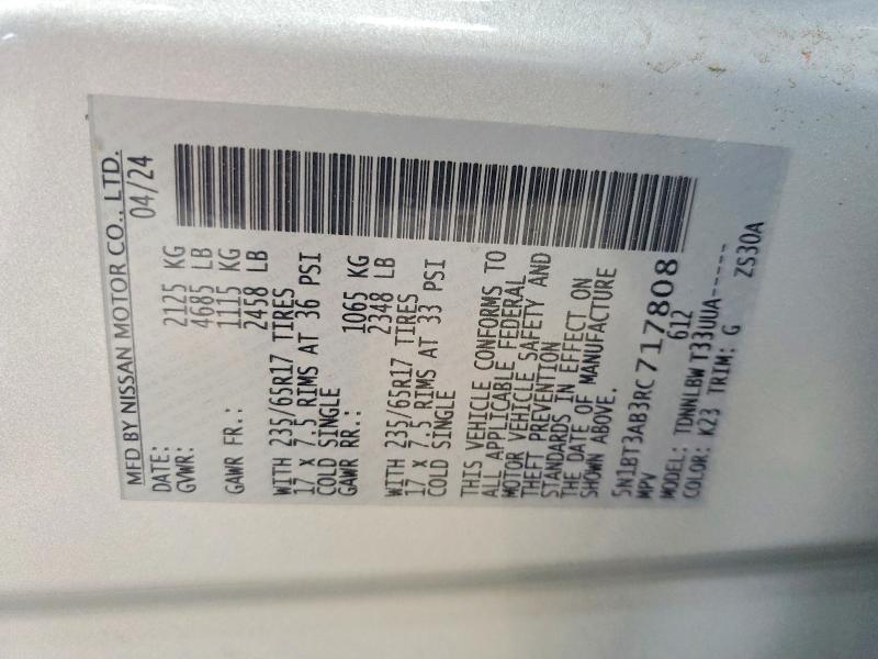 2024 Nissan Rogue მანქანა იყიდება აუქციონზე, vin: 5N1BT3AB3RC717808, აუქციონის ნომერი: 57010366