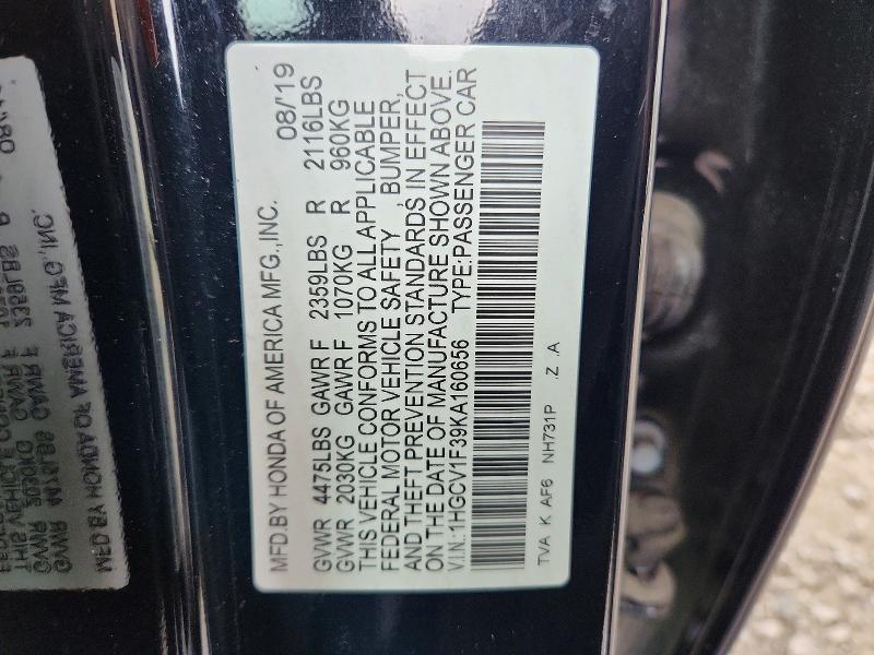 Aukcja sprzedaży 2019 Honda Accord, vin: 1HGCV1F39KA160656, numer aukcji: 55845276