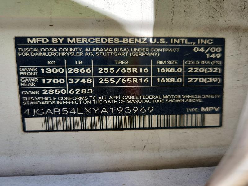 2000 Mercedes-benz Ml მანქანა იყიდება აუქციონზე, vin: 4JGAB54EXYA193969, აუქციონის ნომერი: 56783186