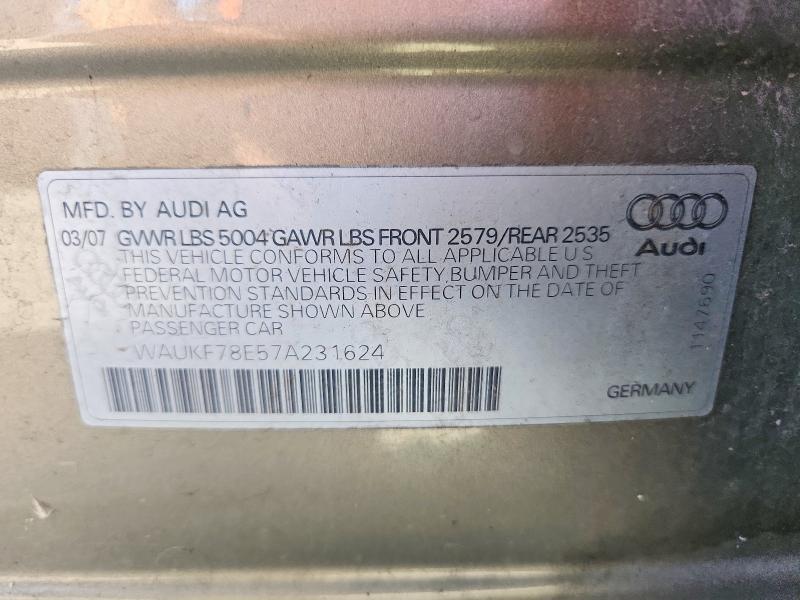 2007 Audi A4 მანქანა იყიდება აუქციონზე, vin: WAUKF78E57A231624, აუქციონის ნომერი: 55463516