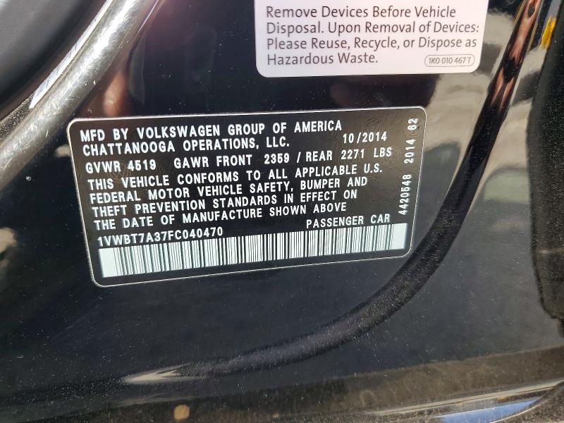 Продажа на аукционе авто 2015 Volkswagen Passat, vin: 1VWBT7A37FC040470, номер лота: 58302706