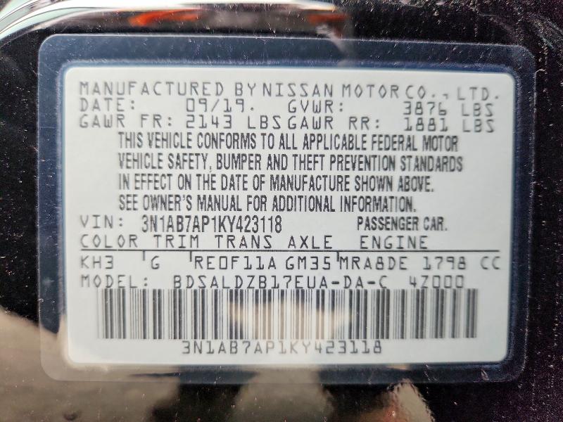 58010886 :رقم المزاد ، 3N1AB7AP1KY423118 vin ، 2019 Nissan Sentra مزاد بيع