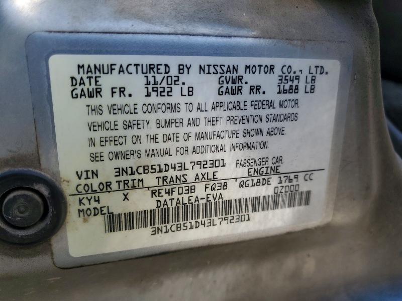 Aukcja sprzedaży 2003 Nissan Sentra, vin: 3N1CB51D43L792301, numer aukcji: 58830106
