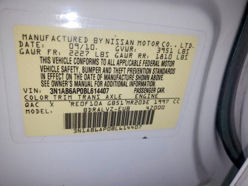 2011 Nissan Sentra მანქანა იყიდება აუქციონზე, vin: 3N1AB6AP0BL614407, აუქციონის ნომერი: 57917646