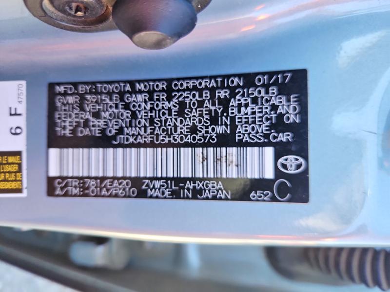 Продаж на аукціоні авто 2017 Toyota Prius, vin: JTDKARFU5H3040573, номер лоту: 57608306