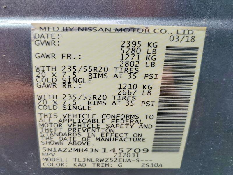 56258296 :رقم المزاد ، 5N1AZ2MH4JN145709 vin ، 2018 Nissan Murano مزاد بيع