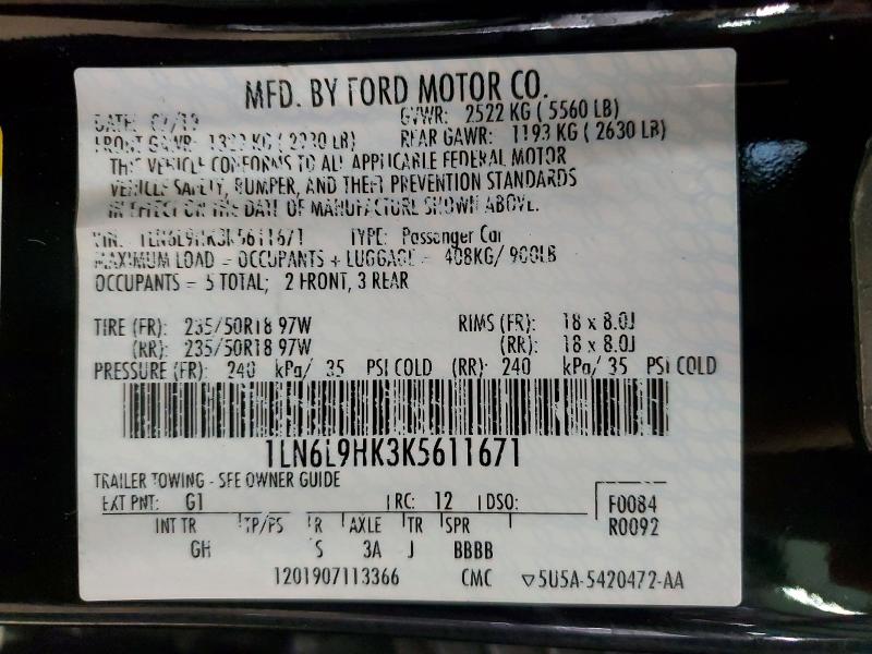 Продажа на аукционе авто 2019 Lincoln Continental, vin: 1LN6L9HK3K5611671, номер лота: 56020406