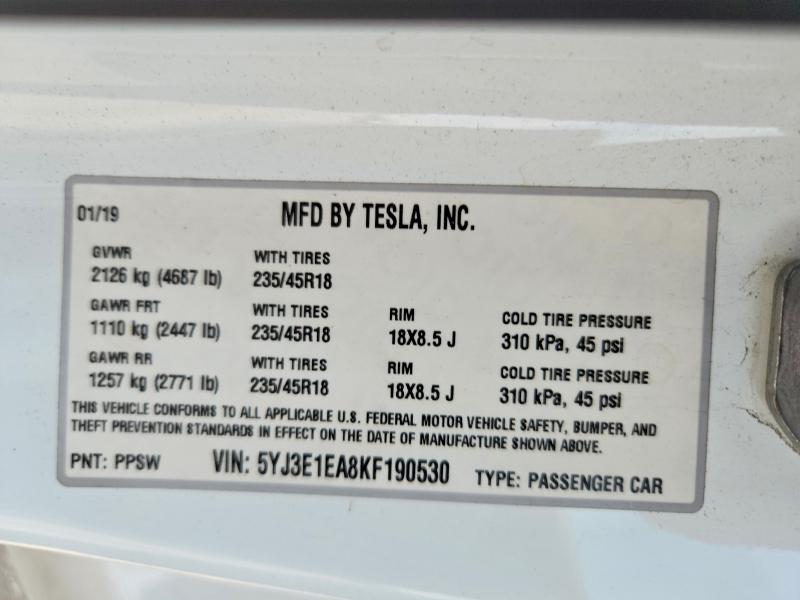 2019 Tesla Model 3 მანქანა იყიდება აუქციონზე, vin: 5YJ3E1EA8KF190530, აუქციონის ნომერი: 56161846