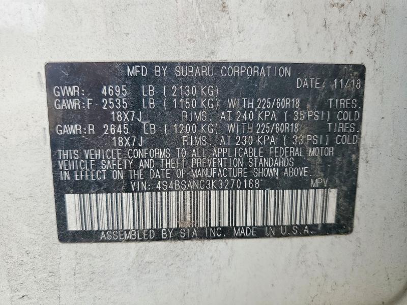Продаж на аукціоні авто 2019 Subaru Outback, vin: 4S4BSANC3K3270168, номер лоту: 56426176