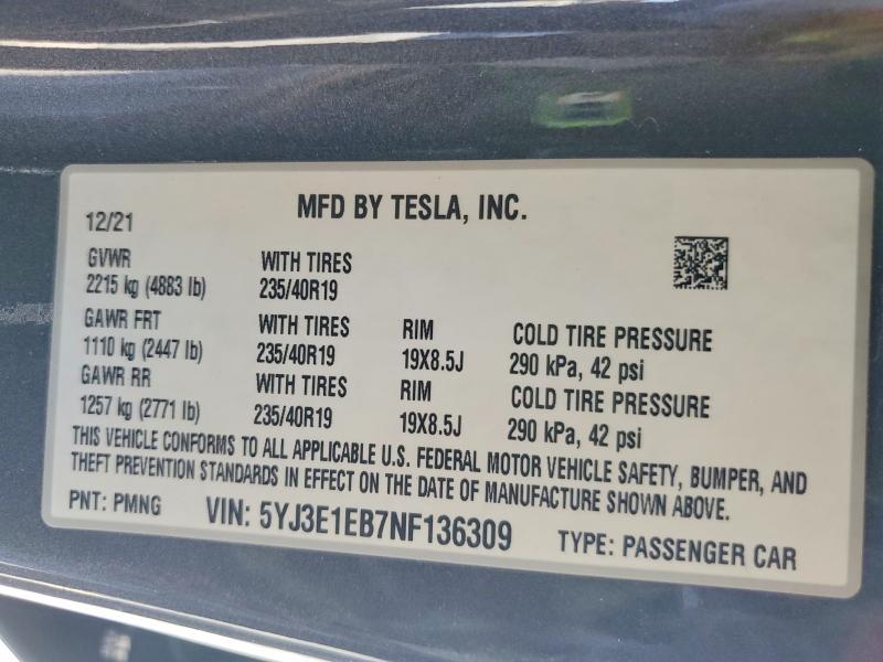 57953966 :رقم المزاد ، 5YJ3E1EB7NF136309 vin ، 2022 Tesla Model 3 مزاد بيع