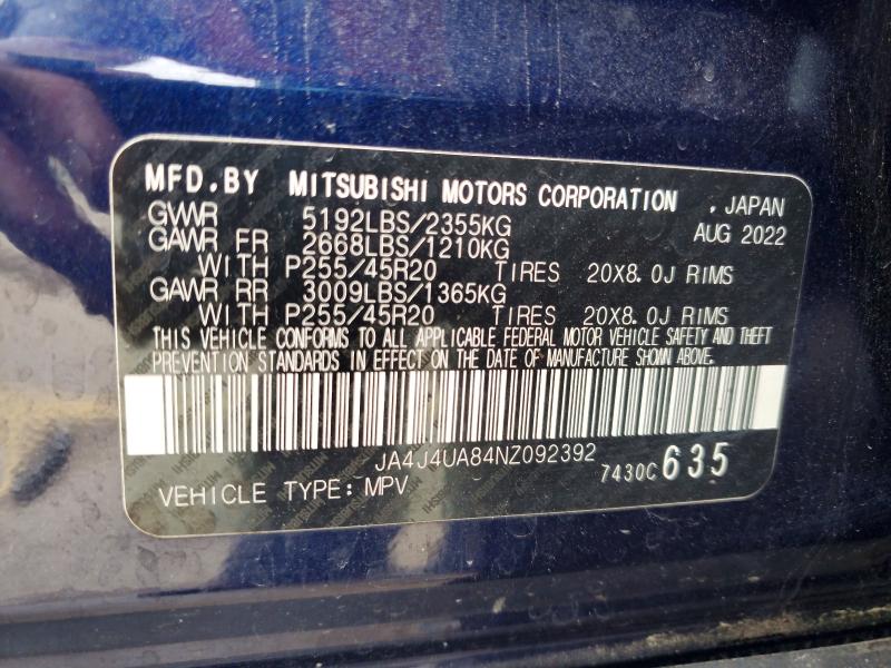 2022 Mitsubishi Outlander მანქანა იყიდება აუქციონზე, vin: JA4J4UA84NZ092392, აუქციონის ნომერი: 56317186