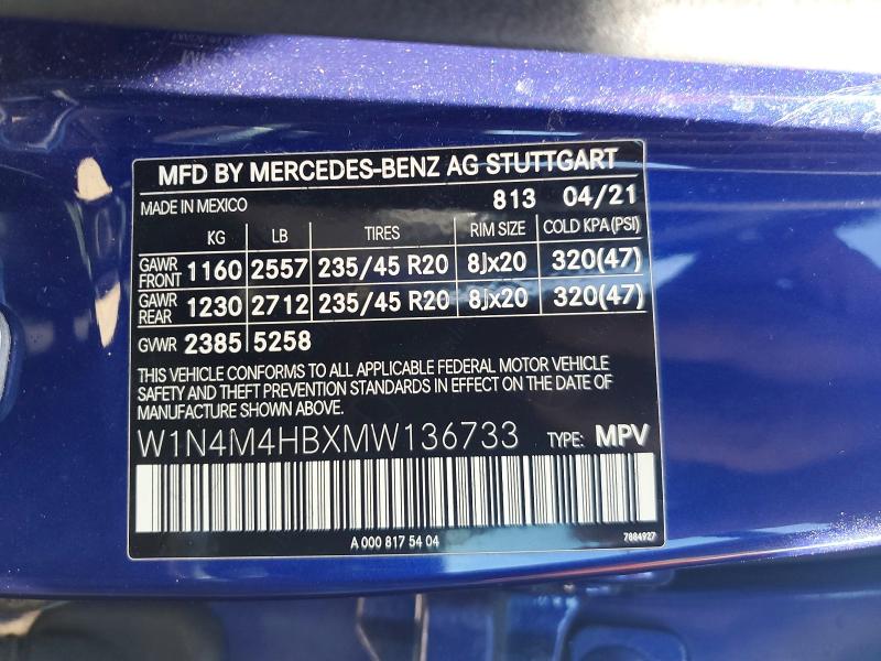 56128536 :رقم المزاد ، W1N4M4HBXMW136733 vin ، 2021 Mercedes-benz Glb مزاد بيع