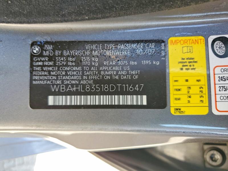 56190906 :رقم المزاد ، WBAHL83518DT11647 vin ، 2008 Bmw 750 مزاد بيع