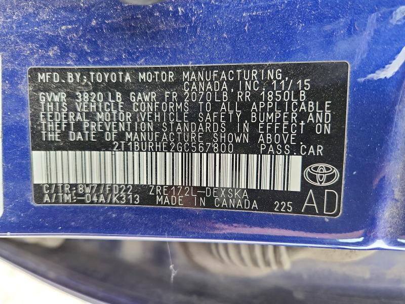 Aukcja sprzedaży 2016 Toyota Corolla, vin: 2T1BURHE2GC567800, numer aukcji: 56777996