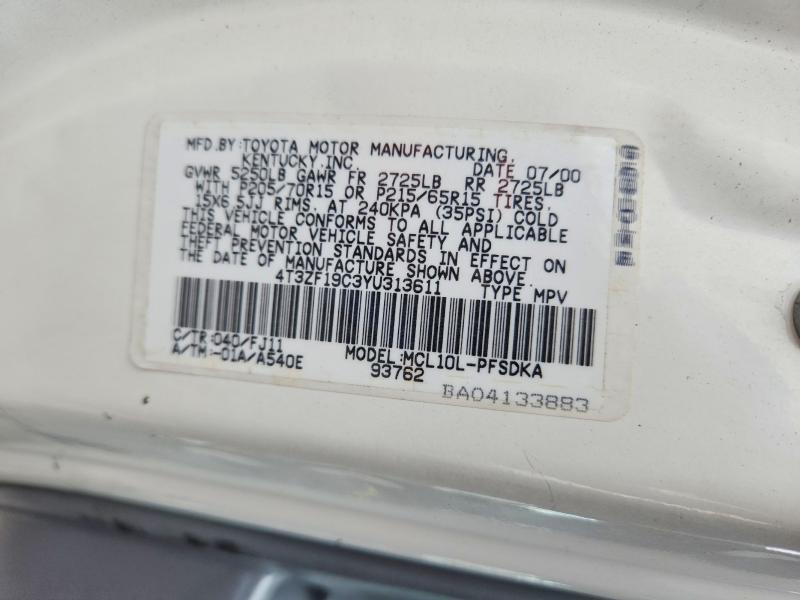 Aukcja sprzedaży 2000 Toyota Sienna, vin: 4T3ZF19C3YU313611, numer aukcji: 59319166