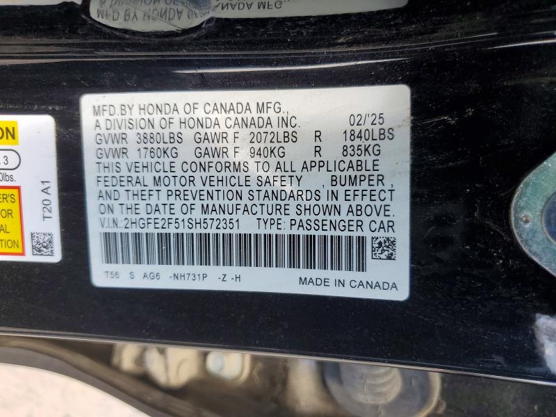 2025 Honda Civic მანქანა იყიდება აუქციონზე, vin: 2HGFE2F51SH572351, აუქციონის ნომერი: 59346486