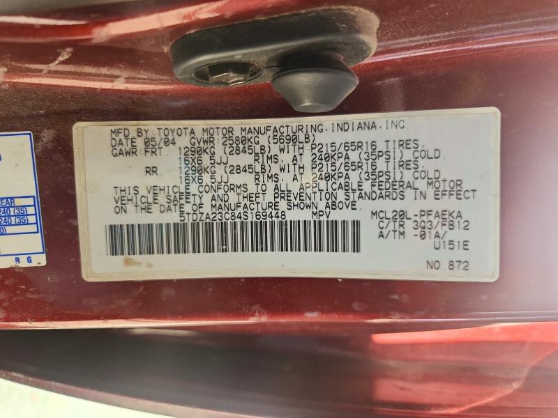 58765316 :رقم المزاد ، 5TDZA23C84S169448 vin ، 2004 Toyota Sienna مزاد بيع