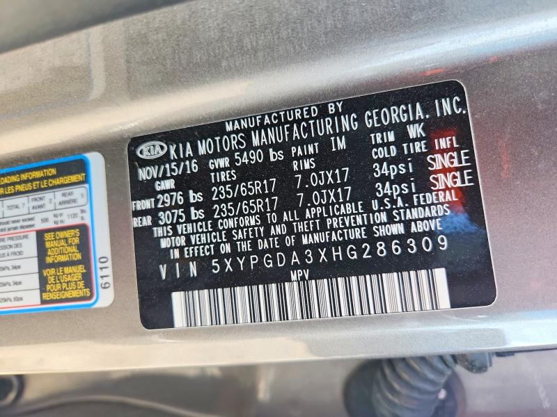 2017 Kia Sorento მანქანა იყიდება აუქციონზე, vin: 5XYPGDA3XHG286309, აუქციონის ნომერი: 58967256