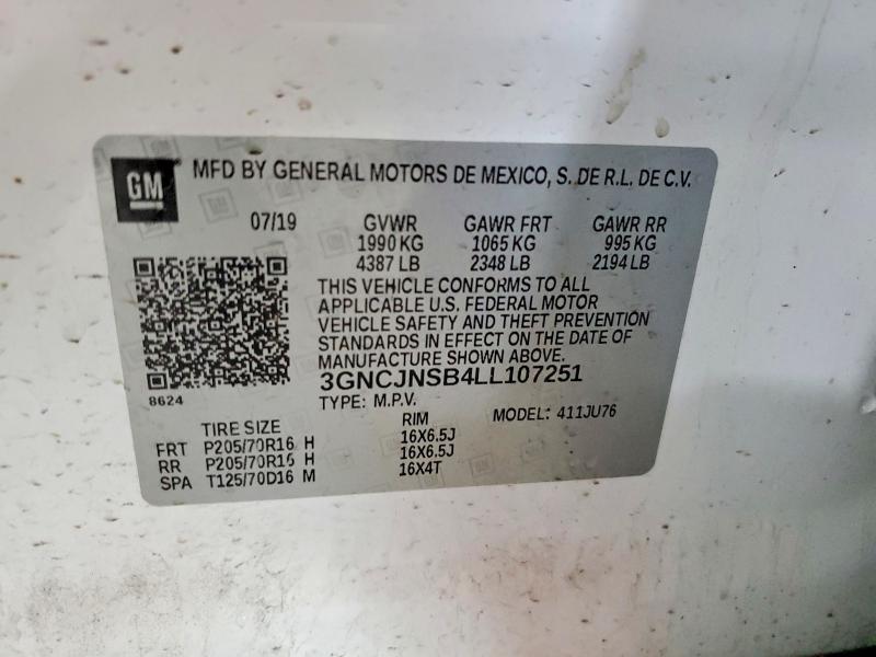 2020 Chevrolet Trax მანქანა იყიდება აუქციონზე, vin: 3GNCJNSB4LL107251, აუქციონის ნომერი: 57878166
