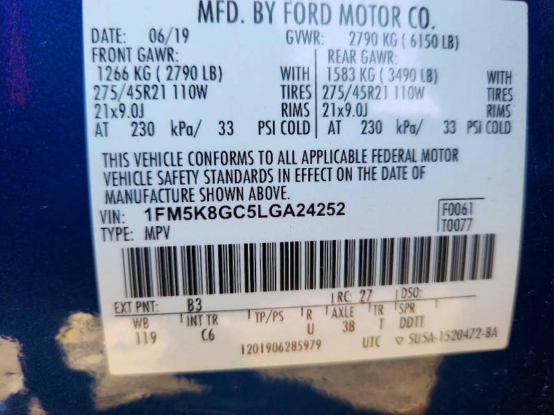 58414286 :رقم المزاد ، 1FM5K8GC5LGA24252 vin ، 2020 Ford Explorer مزاد بيع
