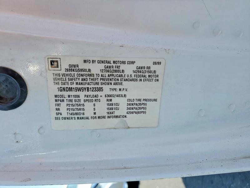 2000 Chevrolet Astro მანქანა იყიდება აუქციონზე, vin: 1GNDM19W9YB123385, აუქციონის ნომერი: 57440356