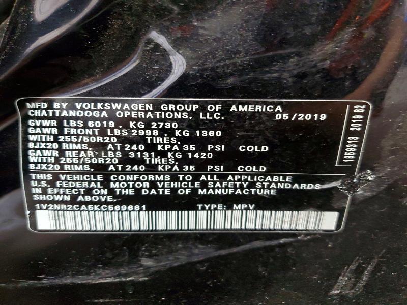 57143316 :رقم المزاد ، 1V2NR2CA5KC569681 vin ، 2019 Volkswagen Atlas مزاد بيع