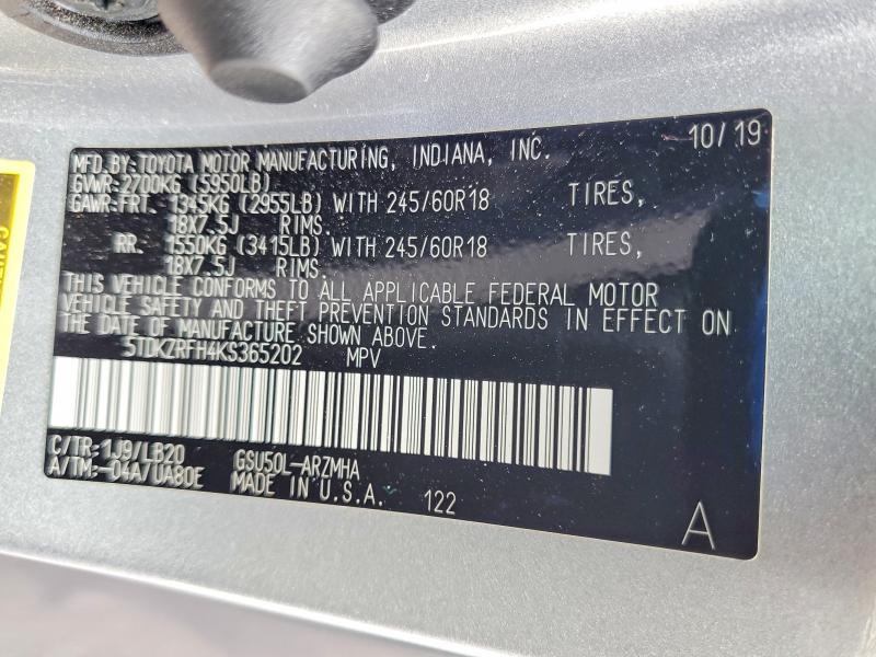 Aukcja sprzedaży 2019 Toyota Highlander, vin: 5TDKZRFH4KS365202, numer aukcji: 56670486