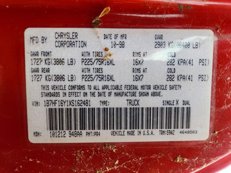 1999 Dodge Ram 1500 მანქანა იყიდება აუქციონზე, vin: 1B7HF16Y1XS162481, აუქციონის ნომერი: 58429526