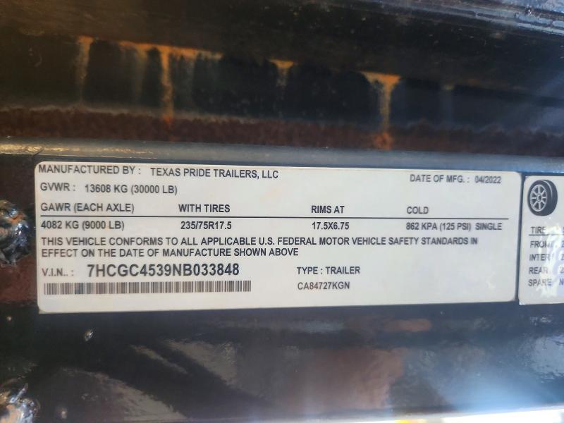 2022 Texas Pride Trailers მანქანა იყიდება აუქციონზე, vin: 7HCGC4539NB033848, აუქციონის ნომერი: 58585046
