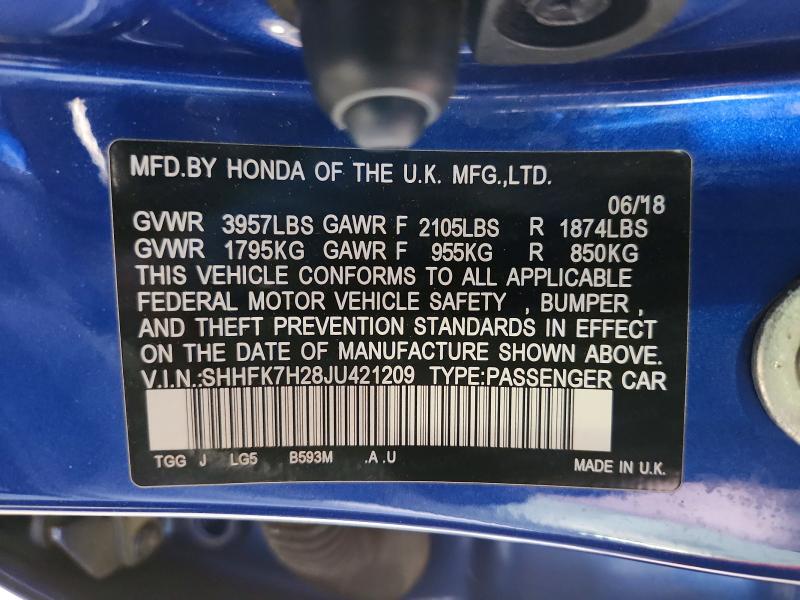 Продажа на аукционе авто 2018 Honda Civic, vin: SHHFK7H28JU421209, номер лота: 58250136