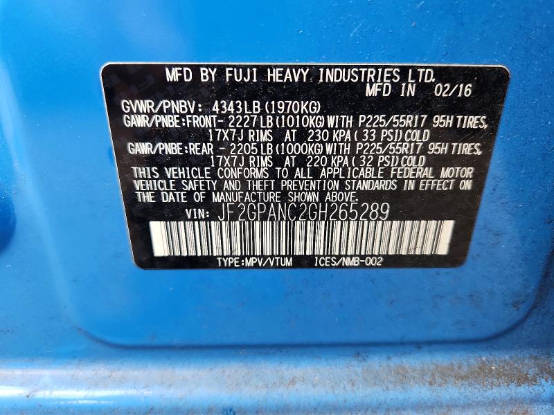 Продажа на аукционе авто 2016 Subaru Crosstrek, vin: JF2GPANC2GH265289, номер лота: 56311376