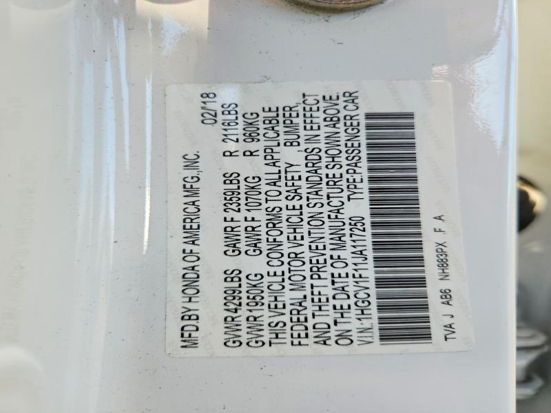 Продаж на аукціоні авто 2018 Honda Accord, vin: 1HGCV1F11JA117250, номер лоту: 57049946