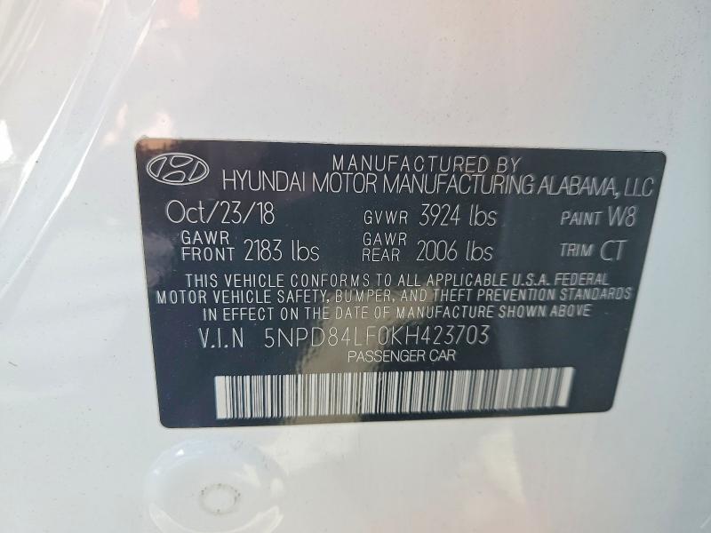 57366216 :رقم المزاد ، 5NPD84LF0KH423703 vin ، 2019 Hyundai Elantra مزاد بيع