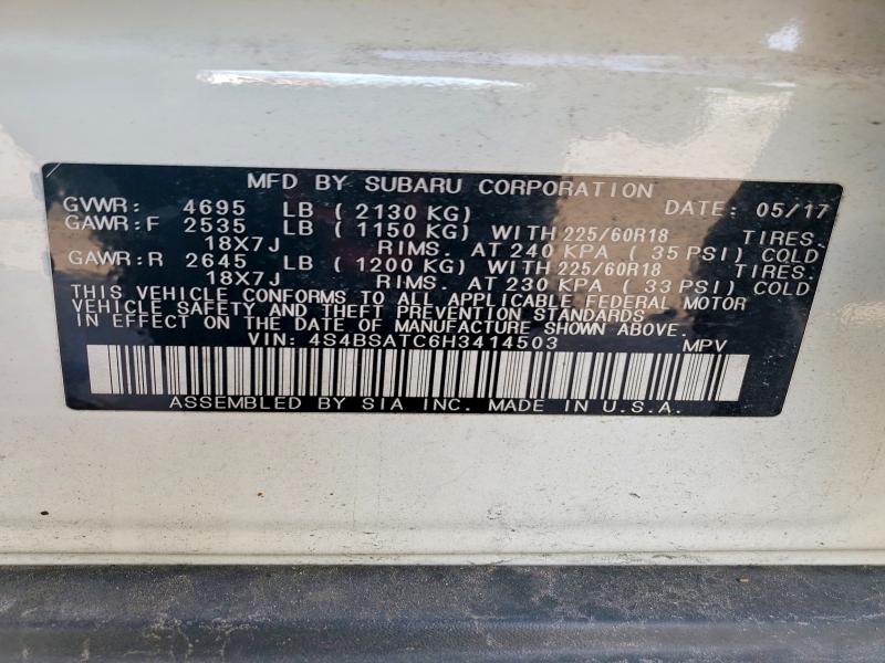 2017 Subaru Outback მანქანა იყიდება აუქციონზე, vin: 4S4BSATC6H3414503, აუქციონის ნომერი: 57115906