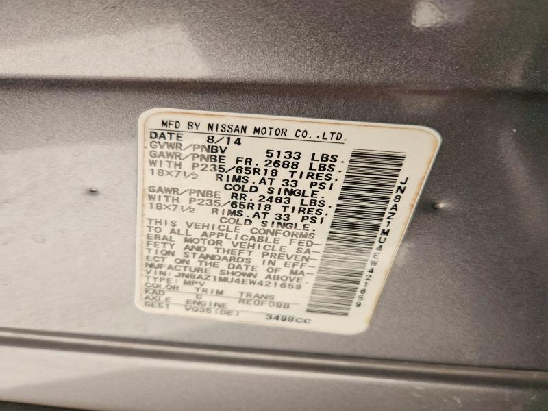 2014 Nissan Murano მანქანა იყიდება აუქციონზე, vin: JN8AZ1MU4EW421659, აუქციონის ნომერი: 56868326