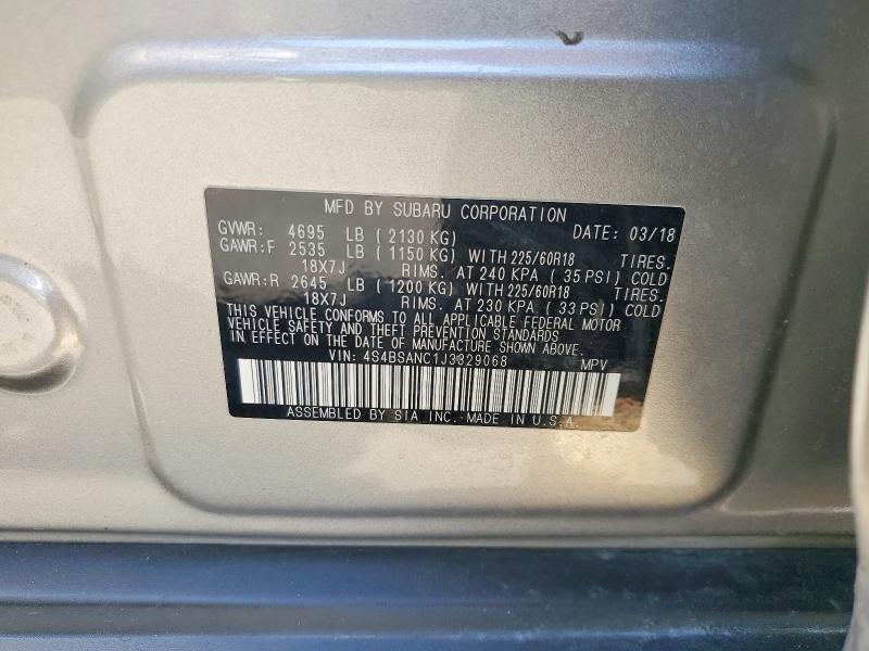 2018 Subaru Outback მანქანა იყიდება აუქციონზე, vin: 4S4BSANC1J3329068, აუქციონის ნომერი: 85605865