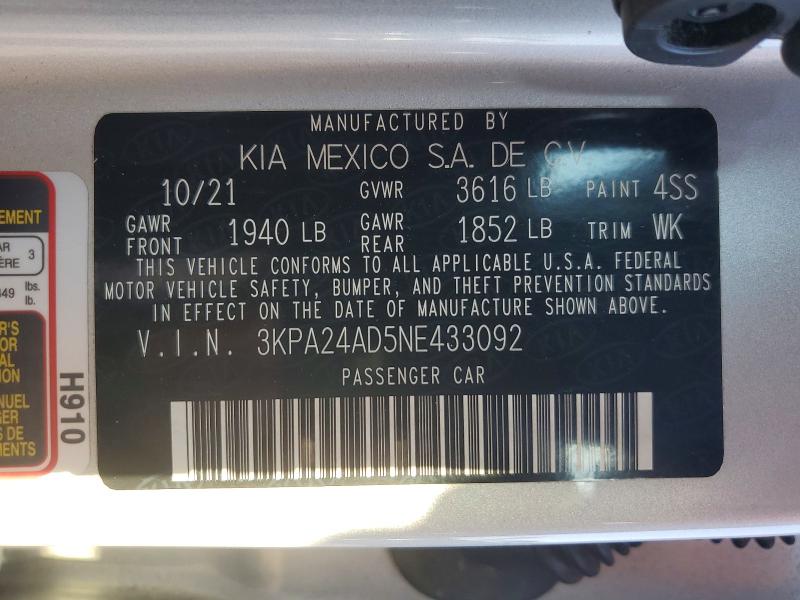 2022 Kia Rio მანქანა იყიდება აუქციონზე, vin: 3KPA24AD5NE433092, აუქციონის ნომერი: 57044246