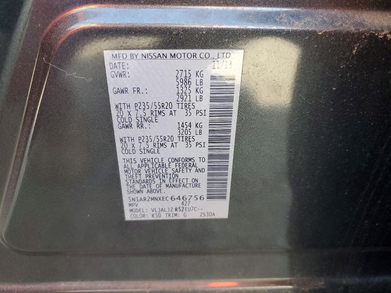 Aukcja sprzedaży 2014 Nissan Pathfinder, vin: 5N1AR2MNXEC646756, numer aukcji: 54652986