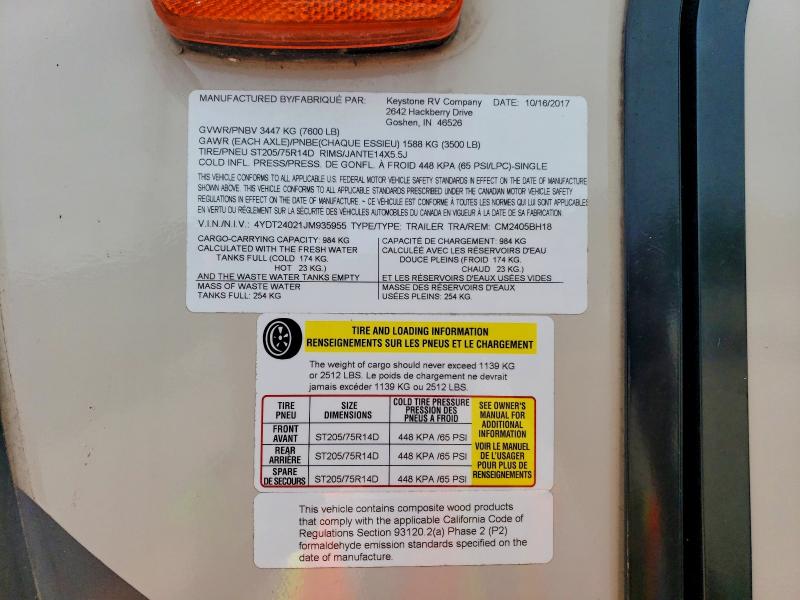 Продаж на аукціоні авто 2018 Keystone Coleman, vin: 4YDT24021JM935955, номер лоту: 56900426