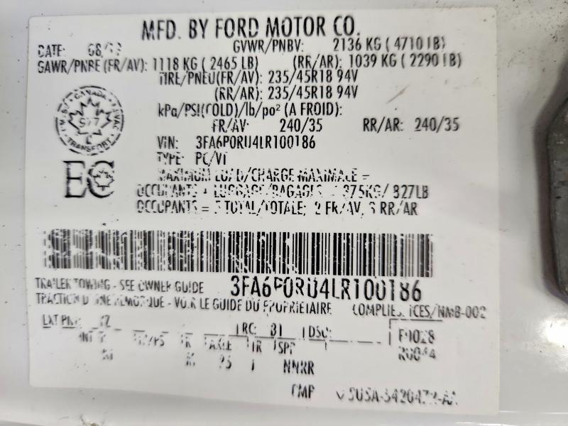 Продаж на аукціоні авто 2020 Ford Fusion, vin: 3FA6P0RU4LR100186, номер лоту: 57662686