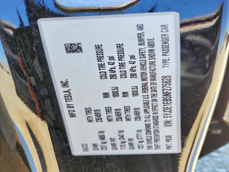 Продаж на аукціоні авто 2022 Tesla Model 3, vin: 5YJ3E1EB5NF275628, номер лоту: 57765076