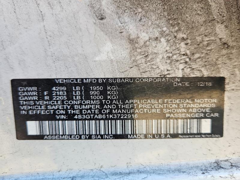 2019 Subaru Impreza მანქანა იყიდება აუქციონზე, vin: 4S3GTAB61K3722916, აუქციონის ნომერი: 58981776