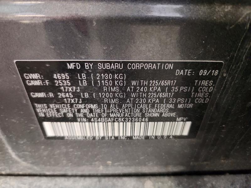 Aukcja sprzedaży 2019 Subaru Outback, vin: 4S4BSAFC8K3236046, numer aukcji: 56804576