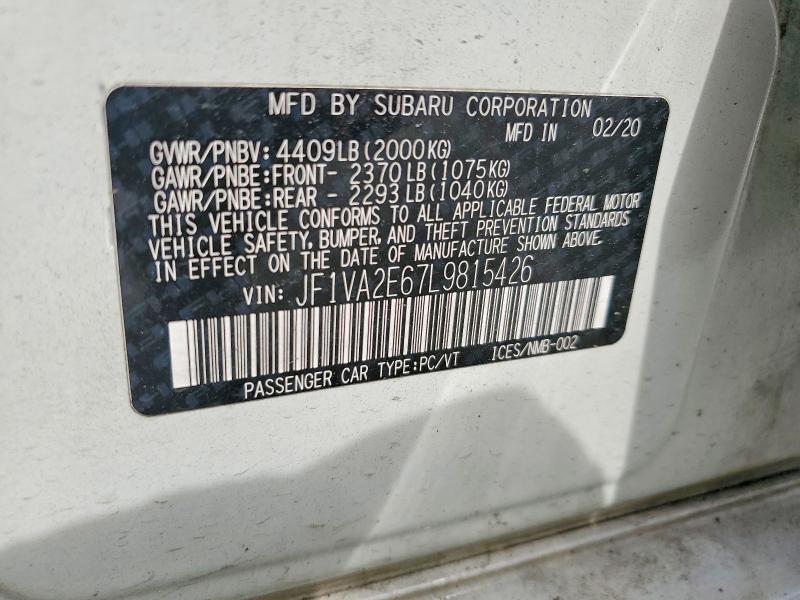 Продаж на аукціоні авто 2020 Subaru Wrx, vin: JF1VA2E67L9815426, номер лоту: 56452066